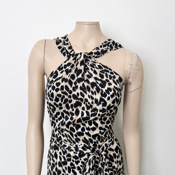 [Gigi Parker] Leopard Animal Print Twisted High Neck Knot Halter Midi Dress XL - Picture 3 of 10